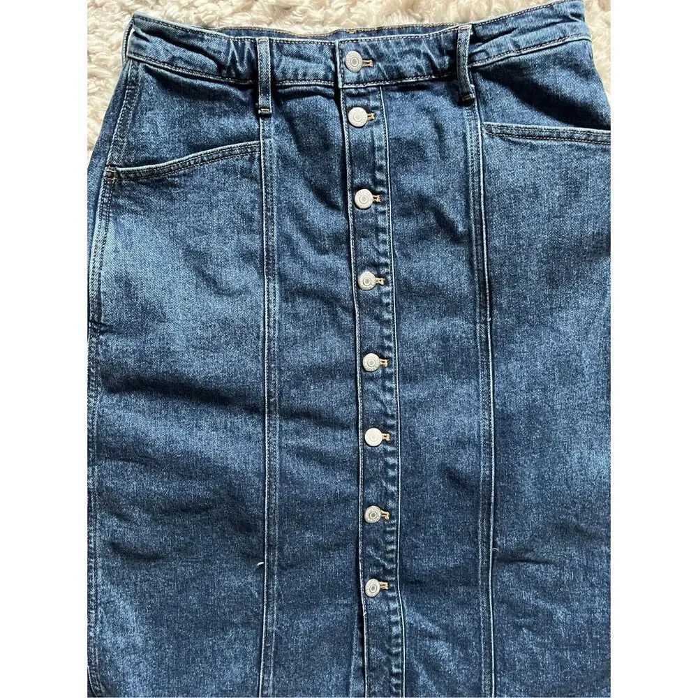 Old Navy Women’s Size 8 Blue Denim High Rise Button MIDI Skirt Secret Pockets